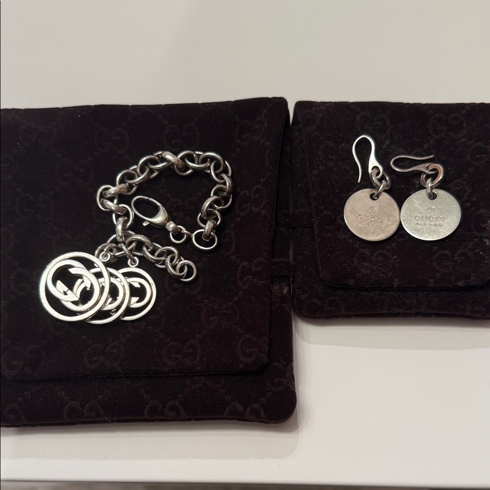 Gucci Sterling Silver Interlocking Charm Bracelet with Coin Drop Earrings